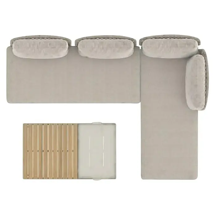 Sunfun Solo Conjunto de muebles chaise lounge + sofá + mesa - 3 pzs., Gris claro - Vista superior de un sofá modular beige combinado con un panel de listones de madera marrón claro y una puerta clara. El sofá ofrece asientos cómodos.