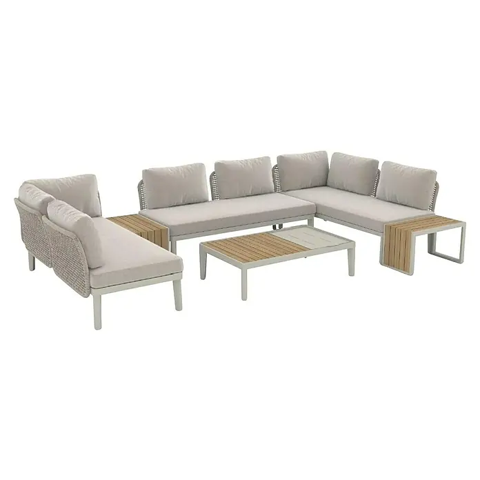 Sunfun Solo Conjunto de muebles chaise lounge + sofá + mesa + mesa auxiliar - 3 pzs., Gris claro - Elegante conjunto de sala de estar para exteriores con cojines color crema, marcos blancos y toques de madera clara.