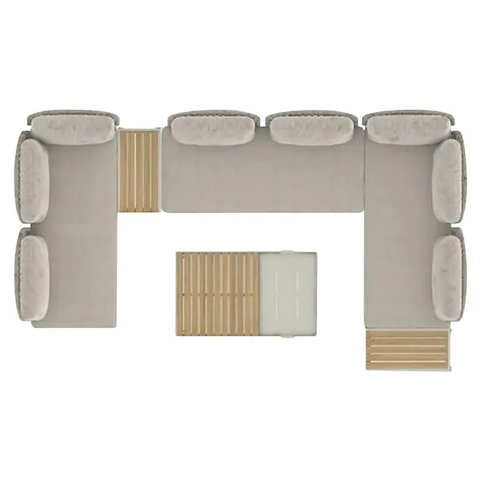 Sunfun Solo Conjunto de muebles chaise lounge + sofá + mesa + mesa auxiliar - 3 pzs., Gris claro - Vista aérea de un sofá modular seccional con mesa auxiliar y solución de almacenamiento, que combina comodidad y practicidad.