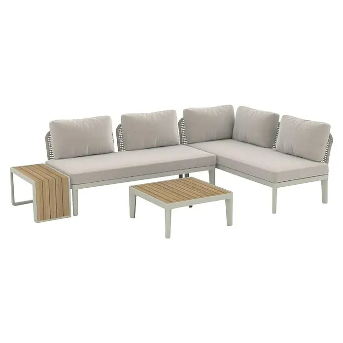Sunfun Solo Conjunto de muebles chaise lounge + sofá + mesa auxiliar + mesa de centro - 4 pzs., Gris claro - Elegante juego de salón de exterior con cojines cómodos y una mesa auxiliar moderna, ideal para relajarse al aire libre.