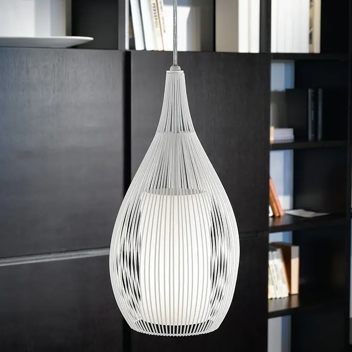 Eglo Pendelleuchte RAZONI - 60 W, Weiß, E27, 1 Stk. - Eine moderne Pendelleuchte mit einem weißen, tropfenförmigen Lampenschirm aus feinen Streben, ideal für stilvolle Innenräume.