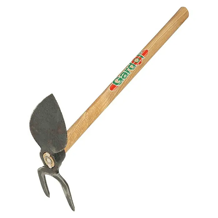 Gardol Doppelhacke - Anzahl Zinken: 2, Anzahl Blätter: 1, Kurzstiel - Gartengerät mit Holzgriff und schwarzem Metallkopf mit Schaufel und zwei Zinken für Gartenarbeiten und Unkrautentfernung.