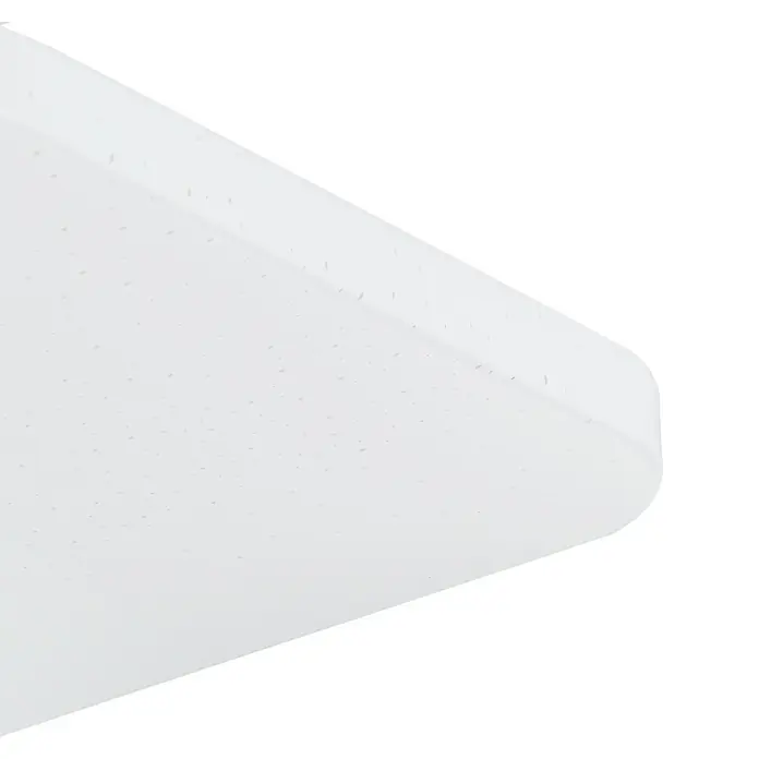 Eglo LED-Wand- & Deckenleuchte Frania - 11,5 W, L x B x H: 28 x 28 x 7 cm, Weiß, Warmweiß - Nahaufnahme einer modernen, weißen Deckenleuchte mit Sterneneffekt, die ein sanftes, diffuses Licht ausstrahlt und für eine angenehme Atmosphäre sorgt.