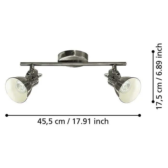 Eglo LED-Deckenstrahler Seras - 6,6 W, Nickel matt, Warmweiß - Abbildung einer silberfarbenen 2-flammigen Spotleuchte mit den Maßen 45,5 cm Länge und 17,5 cm Höhe.