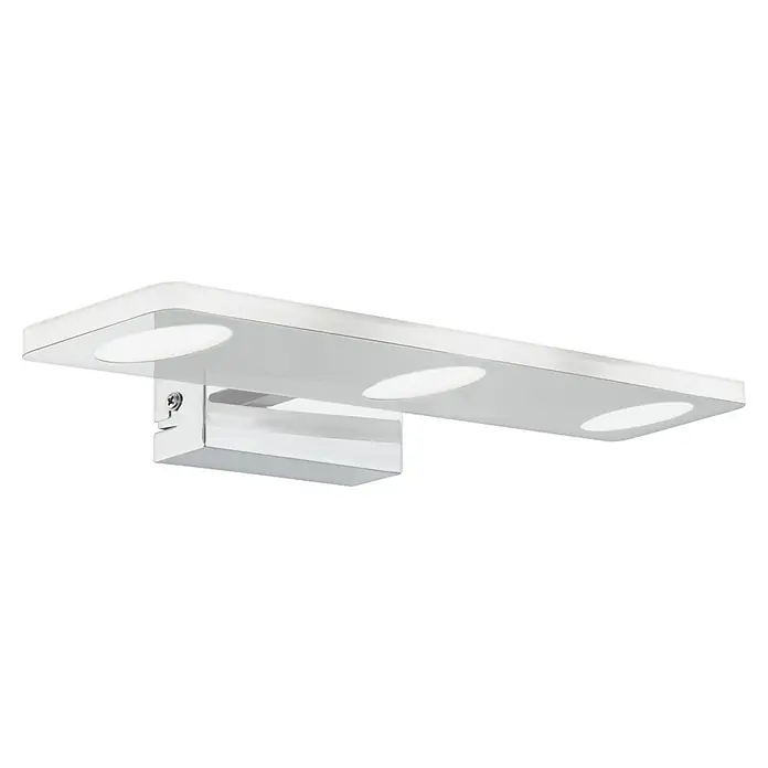 Eglo LED-Spiegelleuchte Cabus - 13,5 W, L x B x H: 45 x 11,5 x 4,5 cm, Chrom, Warmweiß - Eine moderne weiße LED-Leuchte mit drei kreisförmigen Lichtern, ideal für eine stilvolle und effiziente Beleuchtung im Innenbereich.
