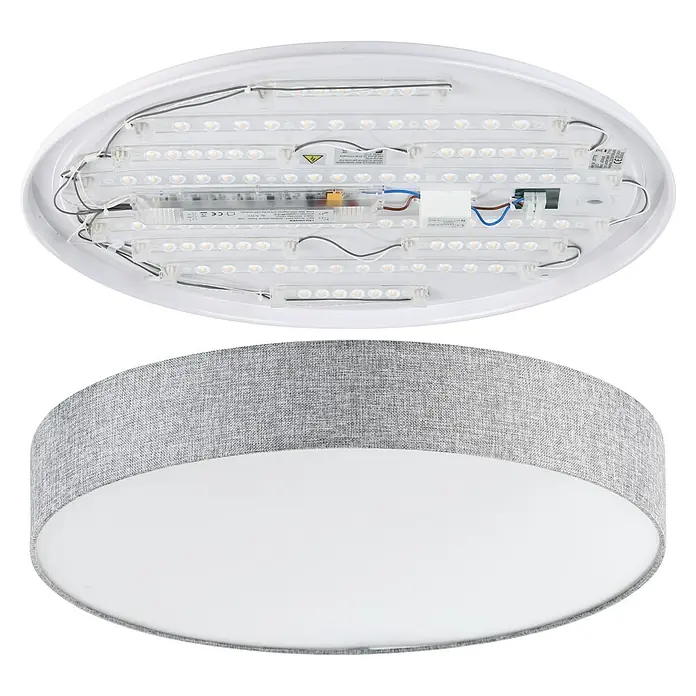 Eglo LED-Deckenleuchte rund Romao - 40 W, Ø x H: 570 mm x 12 cm, Grau, Weiß, Warmweiß - Eine Nahaufnahme einer runden LED-Deckenleuchte mit einem Stoffschirm, die ein modernes und stilvolles Design aufweist.