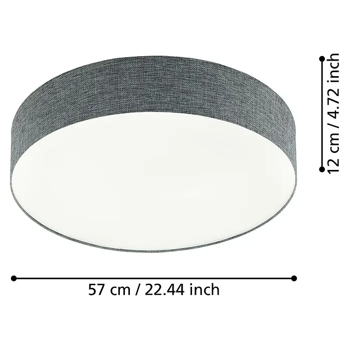 Eglo LED-Deckenleuchte rund Romao - 40 W, Ø x H: 570 mm x 12 cm, Grau, Weiß, Warmweiß - Abbildung einer runden Deckenleuchte mit grauer Stoffoberfläche und den Maßen 57 cm Durchmesser und 12 cm Höhe.
