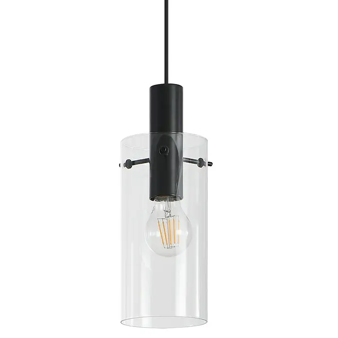 Eglo Pendelleuchte Montefino - Max. Systemleistung: 180 W, Anzahl Leuchtmittel: 3 Stk. - Nahaufnahme einer modernen Pendelleuchte mit klarem Glaszylinder und einer Edison-Glühbirne, die ein warmes, einladendes Licht ausstrahlt.