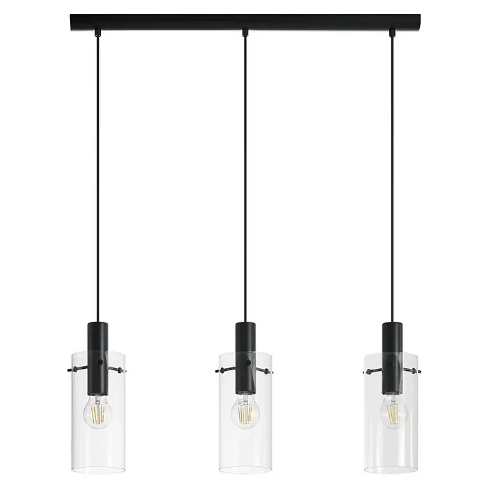 Eglo Pendelleuchte Montefino - Max. Systemleistung: 180 W, Anzahl Leuchtmittel: 3 Stk. - Eine stilvolle dreiflammige Pendelleuchte mit klaren Glaskörpern und einem schwarzen Finish, die modernes Design und elegante Beleuchtung vereint.