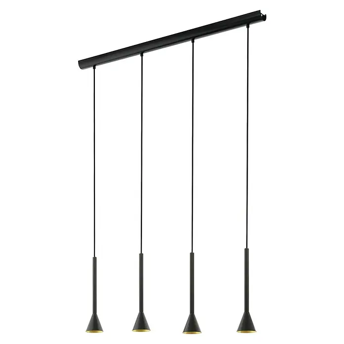 Eglo Cortaderas LED-Pendelleuchte - Höhe: 150 cm, 20 W - Schwarze lineare Pendelleuchte mit vier hängenden konischen Lampen und goldenen Innenseiten.