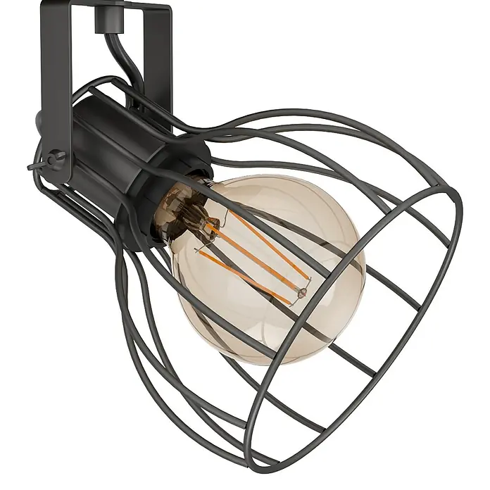 Eglo Deckenstrahler Sambatello - 80 W, Braun, Silber, E27 - Nahaufnahme einer schwarzen Industrielampe mit Käfig und warm leuchtender Glühbirne, die ein gemütliches Ambiente schafft.