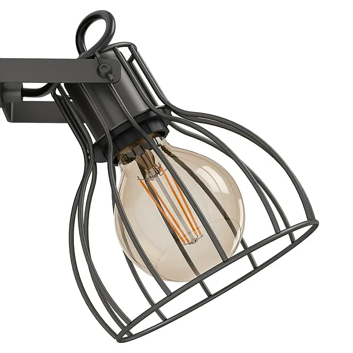 Eglo Deckenstrahler Sambatello - 40 W, Braun, Silber, E27 - Eine Nahaufnahme einer industriellen Käfiglampe mit einer Edison-Glühbirne, die ein warmes, stimmungsvolles Licht ausstrahlt.