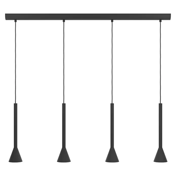 Eglo Cortaderas LED-Pendelleuchte - Höhe: 150 cm, 20 W - Schwarze lineare Pendelleuchte mit vier hängenden konischen Lampenköpfen.