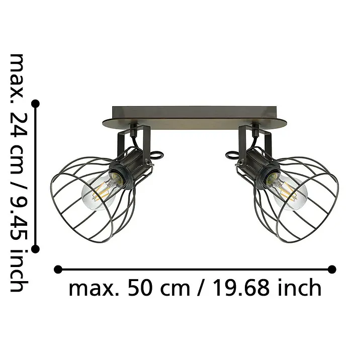 Eglo Deckenstrahler Sambatello - 80 W, Braun, Silber, E27 - Zwei-flammige Deckenleuchte im Industrial-Design mit Edison-Glühbirnen hinter Drahtkäfigen.