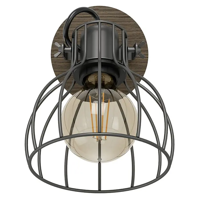 Eglo Deckenstrahler Sambatello - 40 W, Braun, Silber, E27 - Nahaufnahme einer stilvollen Industrielampe mit einem Vintage-Glühbirne und einem robusten Metallkäfigdesign, montiert an einer Holzplatte.