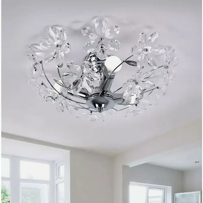 Globo Juliana Plafón redondo - 40 W, Ø x Al: 415 mm x 19 cm, Cromo, Cristal, E14 - Una elegante lámpara de techo con flores de cristal y detalles cromados, que añade un toque de lujo a cualquier habitación.
