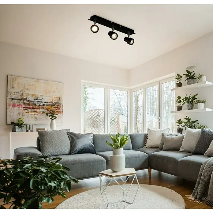 Briloner Regleta LED Rock - 5 W, 3 ud., L x An x Al: 80 x 480 x 120 mm, Negro, Blanco cálido - Lámpara de techo negra con tres focos. Las luces ajustables son modernas y proporcionan una luz agradable en la habitación.