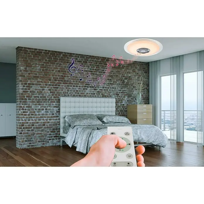 Globo Plafón LED redondo Tune - 24 W, Ø x Al: 475 mm x 5,7 cm, Blanco, RGB - Dormitorio con lámpara de techo LED con función de música, controlada por un mando a distancia. La luz proporciona iluminación y música ambiental.