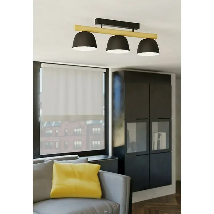 Eglo Plafón Sherburn - 120 W, L x An x Al: 20 x 80 x 25,5 cm, Negro/Madera, E27 - Lámpara de techo negra con tres pantallas y una viga de madera para una iluminación moderna en la sala de estar.