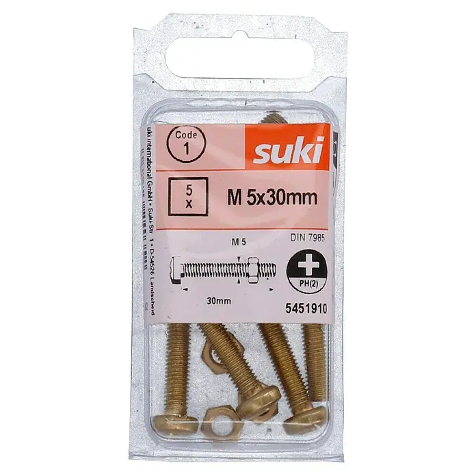 Zylinderschraube MS - M 5, Länge: 30 mm, 5 Stk., Messing - Bild einer Blisterpackung mit fünf M5x30mm Schrauben, Muttern und Unterlegscheiben der Marke Suki, ideal für Heimwerkerprojekte.