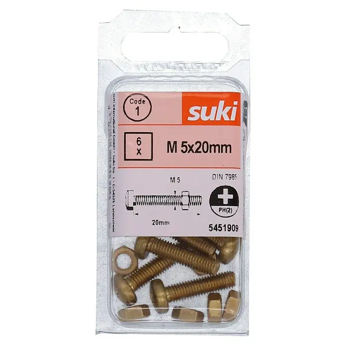 Zylinderschraube MS - M 5, Länge: 20 mm, 6 Stk., Messing - Nahaufnahme einer Verpackung mit sechs M5x20mm Schrauben und Muttern der Marke Suki, ideal für vielfältige Befestigungsanwendungen.