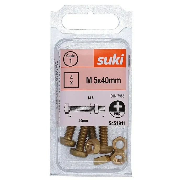 Zylinderschraube MS - M 5, Länge: 40 mm, 4 Stk., Messing - Eine Packung mit vier M5x40mm Suki Bolzen, komplett mit Muttern, präsentiert in einer durchsichtigen Kunststoffverpackung.