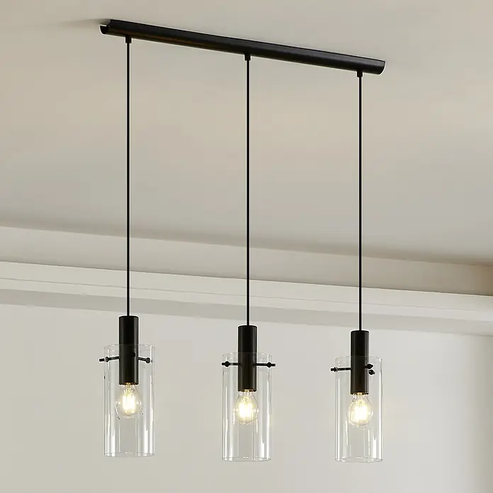 Eglo Pendelleuchte Montefino - Max. Systemleistung: 180 W, Anzahl Leuchtmittel: 3 Stk. - Hängelampe mit drei klaren Glaszylindern und schwarzen Akzenten für eine moderne Beleuchtung.