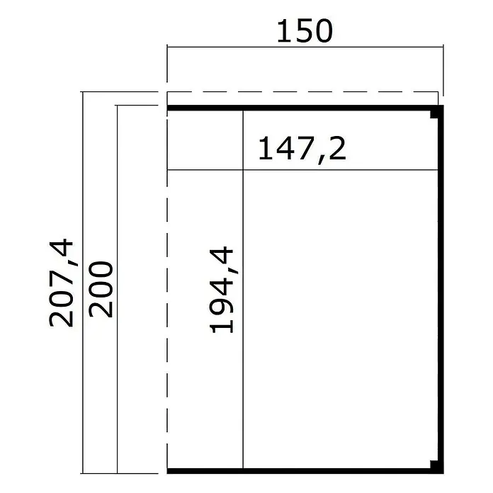 Weka Gerätehaus-Anbau Batu - Außenmaß inkl. Dachüberstand (B x T): 150 x 207,4 cm, Holz, Dunkelgrau, Passend für: Weka Gerätehaus Batu Stella/Nika 1 - Technische Zeichnung eines rechteckigen Bauteils mit Gesamtmaßen 150x207,4, Innenmaßen 147,2x194,4 und zusätzlicher Höhe 200.