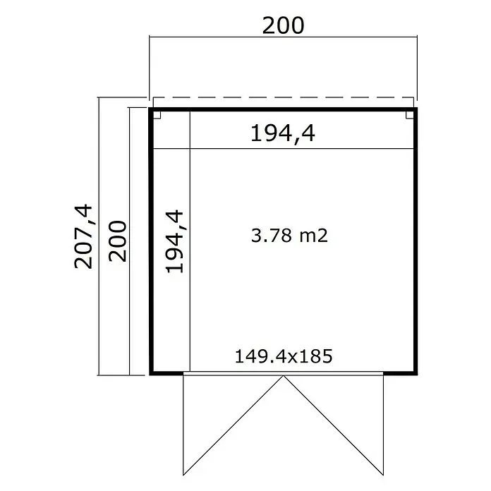 Weka Gerätehaus Batu Stella 1 - Außenmaß inkl. Dachüberstand (B x T): 200 x 207,4 cm, Holz, Hellgrau - Technische Zeichnung mit Maßen einer rechteckigen Struktur: außen 200x207,4, innen 194,4x194,4, Fläche 3,78 m2.
