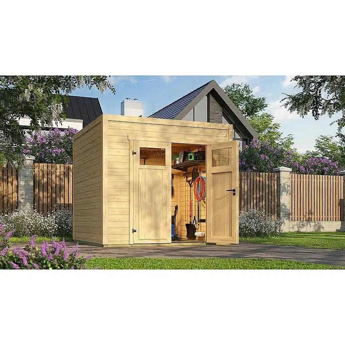 Weka Gerätehaus Batu Nika 1,5 - Außenmaß inkl. Dachüberstand (B x T): 250 x 207,4 cm, Holz, Naturbelassen - Heller Holz-Gartenschuppen mit offenen Doppeltüren, der Regale und Gartengeräte im Inneren zeigt, auf einer Terrasse im Garten.