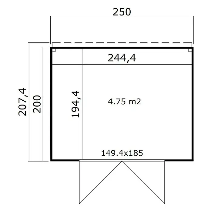 Weka Gerätehaus Batu Nika 1,5 - Außenmaß inkl. Dachüberstand (B x T): 250 x 207,4 cm, Holz, Dunkelgrau - Grundriss eines rechteckigen Schuppens mit Gesamtmaßen 250x207,4 cm und einer Innenfläche von 4,75 m².