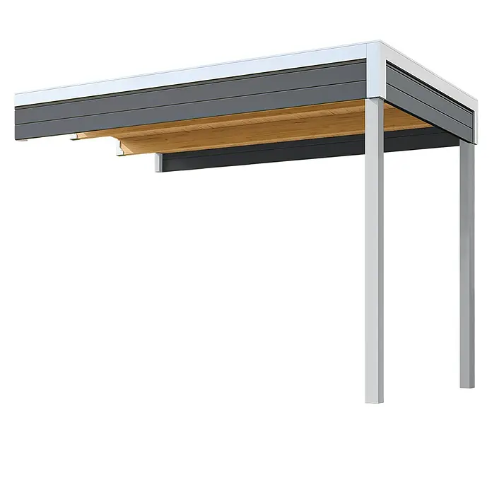 Weka Gerätehaus-Anbau Batu - Außenmaß inkl. Dachüberstand (B x T): 300 x 207,4 cm, Holz, Dunkelgrau, Passend für: Weka Gerätehaus Batu Stella/Nika 1 - Moderne Carport-/Pergoladach mit weißem Rahmen, dunkelgrauen Paneelen und heller Holzunterseite, gestützt von weißen Pfosten.