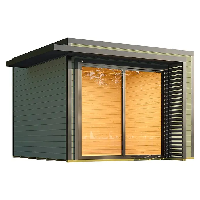 Weka Gartenhaus Pure Garden Amberley - Außenmaß inkl. Dachüberstand (B x T): 350 x 353 cm, Holz, Graugrün, Mit bodentiefen Doppelschiebetüren - Moderner Gartenschuppen mit dunkelgrüner Verkleidung, Flachdach und großen Glasschiebetüren, die ein warmes Holzinterieur zeigen.