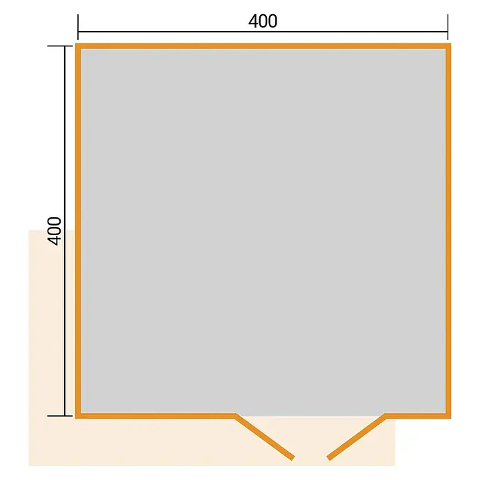 Weka Gartenhaus Pure Garden Amberley - Außenmaß inkl. Dachüberstand (B x T): 450 x 455 cm, Holz, Grau/Weiß, Ohne Fenster - Grundriss eines quadratischen Raumes (400x400 Einheiten) mit Eingang unten rechts.