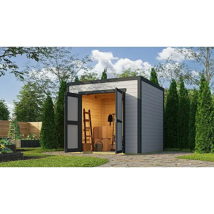 Weka Gerätehaus Batu Stella 2 - Außenmaß inkl. Dachüberstand (B x T): 250 x 257,5 cm, Holz, Hellgrau - Moderner grau-weißer Gartenpavillon mit offenen Türen, Gartengeräten und Lagerkisten, eingebettet in einen üppigen Garten.