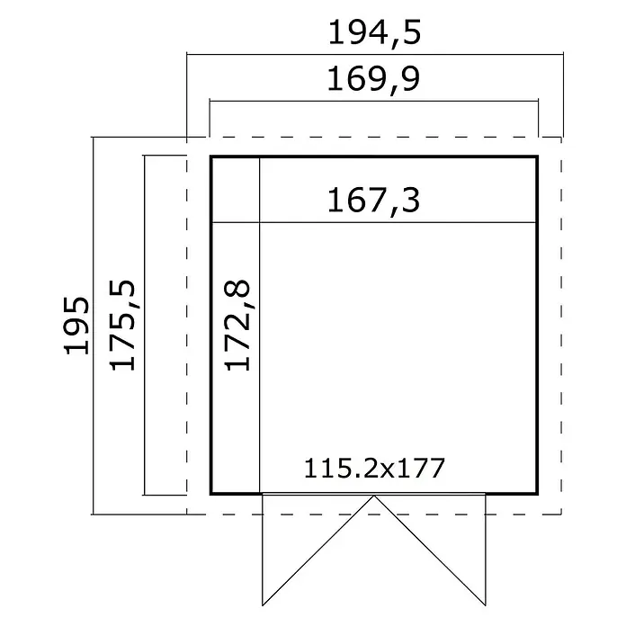 Weka Gerätehaus Mori - Außenbreite inkl. Dachüberstand: 195 cm, Außentiefe inkl. Dachüberstand: 195 cm, Holz, Naturbelassen - Technische Zeichnung einer rechteckigen Struktur mit externen und internen Abmessungen.
