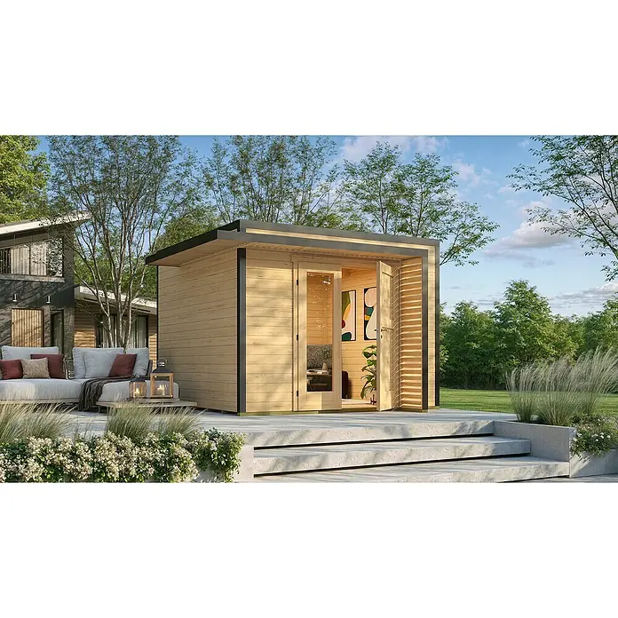 Weka Gartenhaus Pure Garden Amberley - Außenmaß inkl. Dachüberstand (B x T): 350 x 353 cm, Holz, Naturbelassen - Modernes Gartenbüro aus hellem Holz mit dunklem Rahmen auf einer Betonterrasse.