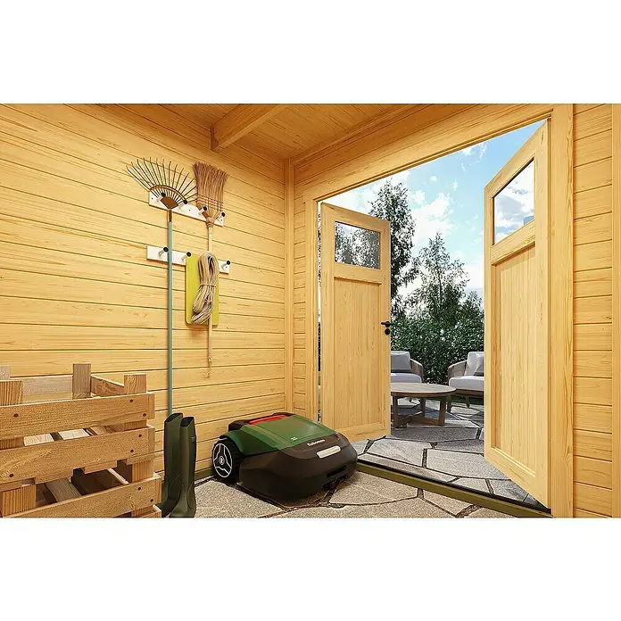 Weka Gerätehaus Batu Nika 1 - Außenmaß inkl. Dachüberstand (B x T): 200 x 207,4 cm, Holz, Naturbelassen - Geräumiger Holzgartenhaus-Innenraum mit offener Tür zu einer Terrasse, ideal zur Aufbewahrung von Gartengeräten und einem Mähroboter.
