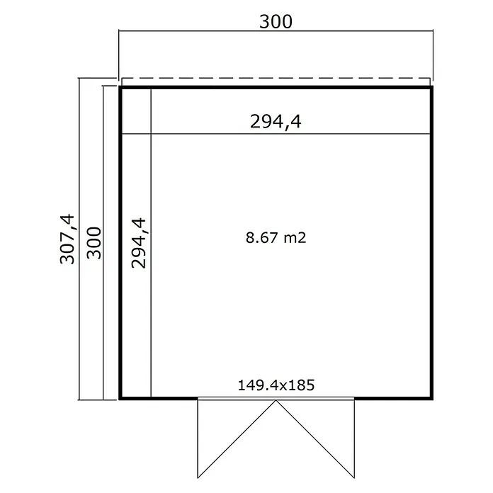 Weka Gerätehaus Batu Nika 3 - Außenmaß inkl. Dachüberstand (B x T): 300 x 304,6 cm, Holz, Hellgrau - Grundriss mit Außenmaßen 300x307,4 cm, Innenmaßen 294,4x294,4 cm und einer Fläche von 8,67 m².