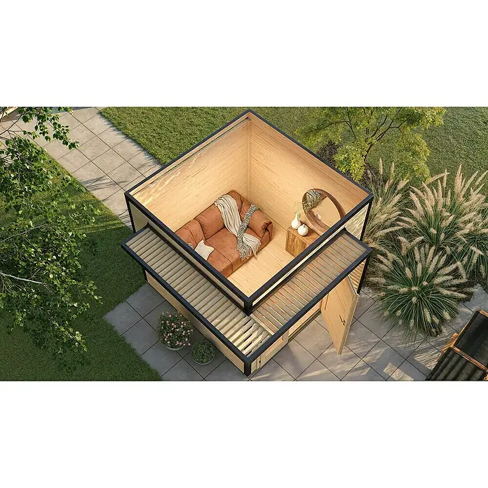 Weka Gartenhaus Pure Garden Amberley - Außenmaß inkl. Dachüberstand (B x T): 300 x 303 cm, Holz, Graugrün - Moderner Holz-Gartenraum mit braunem Sofa, von oben gezeigt.