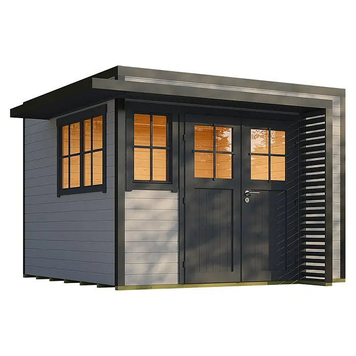Weka Gartenhaus Pure Garden Amberley - Außenmaß inkl. Dachüberstand (B x T): 350 x 353 cm, Holz, Grau/Anthrazit, Mit Fenster - Moderner grauer Holzgartenschuppen mit dunkelgrauen Türen, Fenstern und Dach. Helles Innenlicht scheint durch die Fenster.