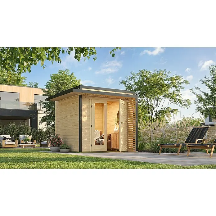 Weka Gartenhaus Pure Garden Amberley - Außenmaß inkl. Dachüberstand (B x T): 289 x 289 cm, Holz, Naturbelassen - Modernes Gartenbüro/Gartenhaus aus hellem Holz mit schwarzem Dach und offener Tür in einem sonnigen Garten.