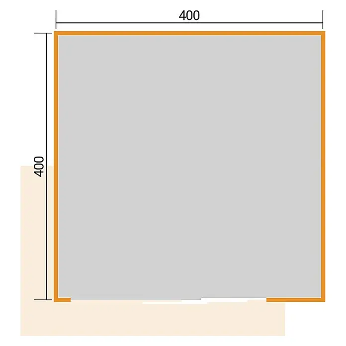Weka Gartenhaus Pure Garden Amberley - Außenmaß inkl. Dachüberstand (B x T): 450 x 455 cm, Holz, Graugrün, Ohne zusätzliches Fenster - Hellgraues quadratisches Diagramm mit orangefarbenem Umriss, Maße 400x400.