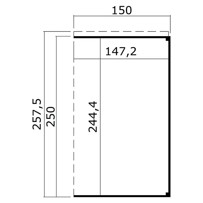 Weka Gerätehaus-Anbau Batu - Außenmaß inkl. Dachüberstand (B x T): 150 x 257,5 cm, Holz, Naturbelassen, Passend für: Weka Gerätehäusern Batu Stella und Nika 2 - Maßzeichnung eines rechteckigen Paneels mit verschiedenen Bemaßungen.