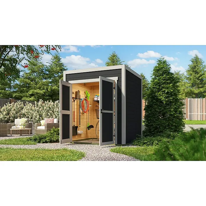 Weka Gerätehaus Batu Stella 1 - Außenmaß inkl. Dachüberstand (B x T): 200 x 207,4 cm, Holz, Dunkelgrau - Dunkelgraues Gartenhaus mit weißem Rahmen, geöffnet, zeigt Gartengeräte und ein Fahrrad im Inneren, in einem grünen Garten.