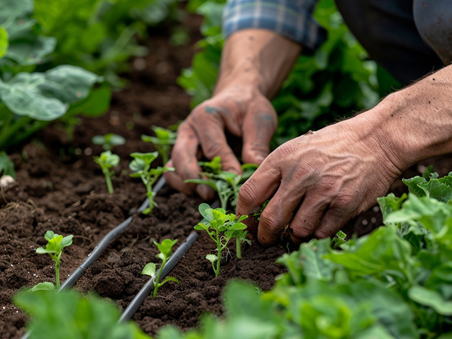 Hände bringen Gemüsepflanze im Beet aus