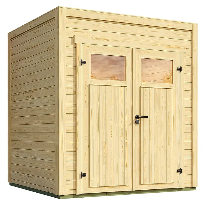 Weka Gerätehaus Batu Nika 1 - Außenmaß inkl. Dachüberstand (B x T): 200 x 207,4 cm, Holz, Naturbelassen - Helle Holzgartenhütte mit Doppeltüren und oberen Fenstern, ideal zur Aufbewahrung.