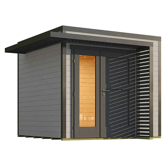 Weka Gartenhaus Pure Garden Amberley - Außenmaß inkl. Dachüberstand (B x T): 300 x 303 cm, Holz, Grau/Anthrazit - Moderner grauer Gartenschuppen mit flachem dunklem Dach, Holztür mit Glas und dunkler Lamellenwand.