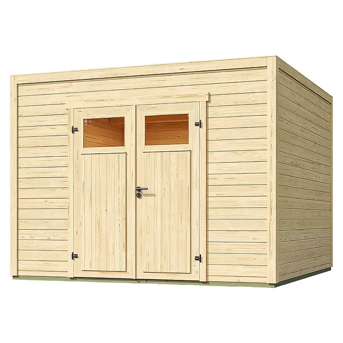 Weka Gerätehaus Batu Nika 3 - Außenmaß inkl. Dachüberstand (B x T): 300 x 304,6 cm, Holz, Naturbelassen - Gartenschuppen aus hellem Holz mit Doppeltüren und Fenstern, ideal zur Aufbewahrung im Freien.