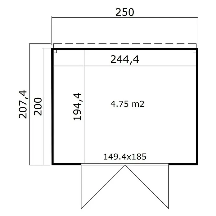 Weka Gerätehaus Batu Stella - Außenmaß inkl. Dachüberstand (B x T): 250 x 207,4 cm, Holz, Hellgrau - Grundriss eines Gartenhauses mit Außen- und Innenmaßen, einer Fläche von 4,75 m² und Türöffnung.